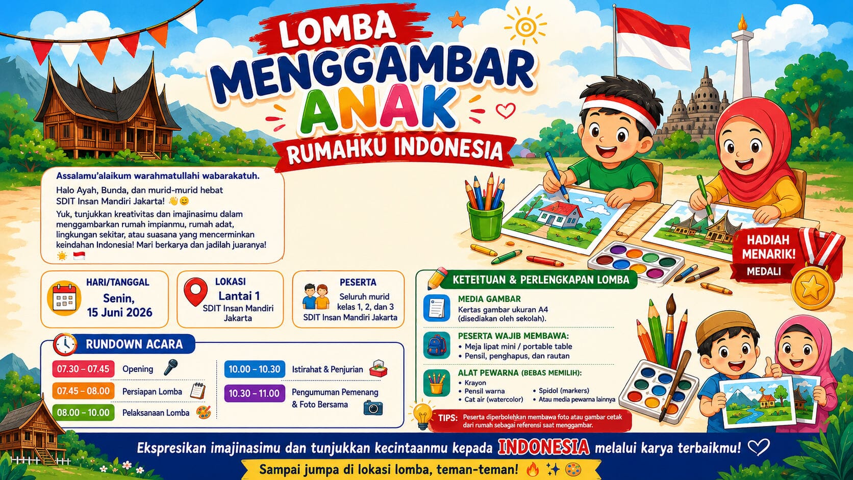 LOMBA MENGGAMBAR ANAK: RUMAHKU INDONESIA KELAS 1, 2 dan 3
